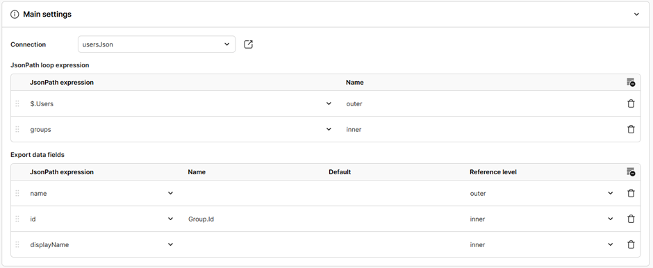 Click to enlarge Screenshot of Jedox JSON Extract configured for multi-level looping of data